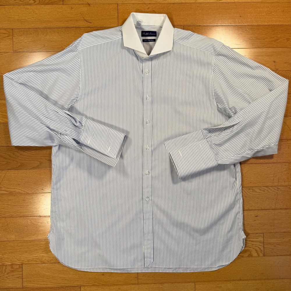 Ralph Lauren Purple Label Size 18 Blue White Stripe Contrast Collar French Cuff